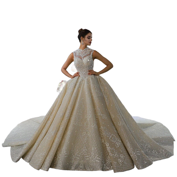 Princess Beaded Ballgown Wedding Dress High Neck Wedding Gown