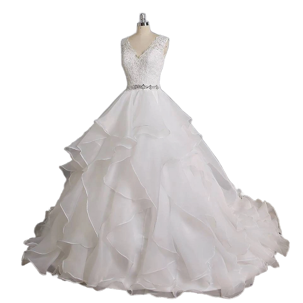 Layered Tulle Skirt Wedding Ballgown Dress Lace Top with Beaded Belt