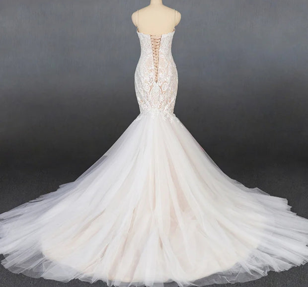 Mermaid wedding gown thin band lace and tulle gown