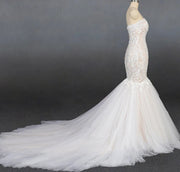 Mermaid wedding gown thin band lace and tulle gown