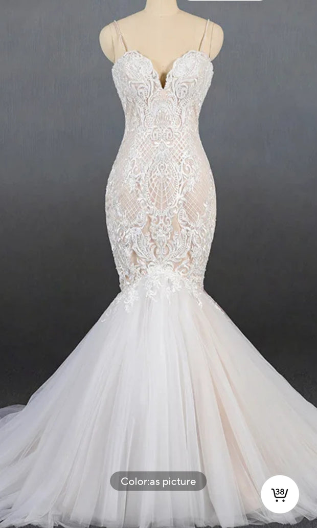 Mermaid wedding gown thin band lace and tulle gown