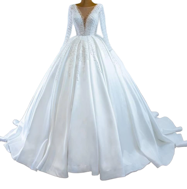 Long Sleeve Satin Wedding Gown Plunge Neckline Satin Gown