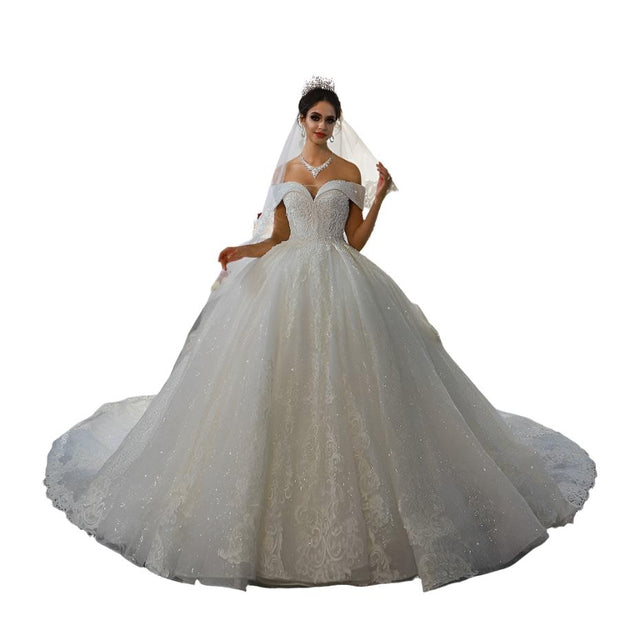 Princess Off Shoulder Lace and Glitter Wedding Ballgown Dress