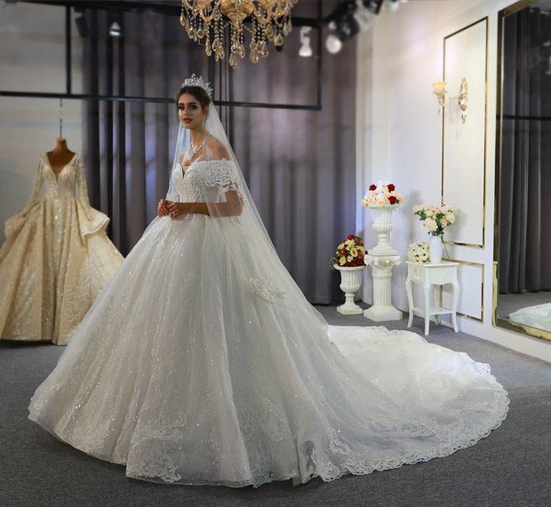 Princess Off Shoulder Lace and Glitter Wedding Ballgown Dress