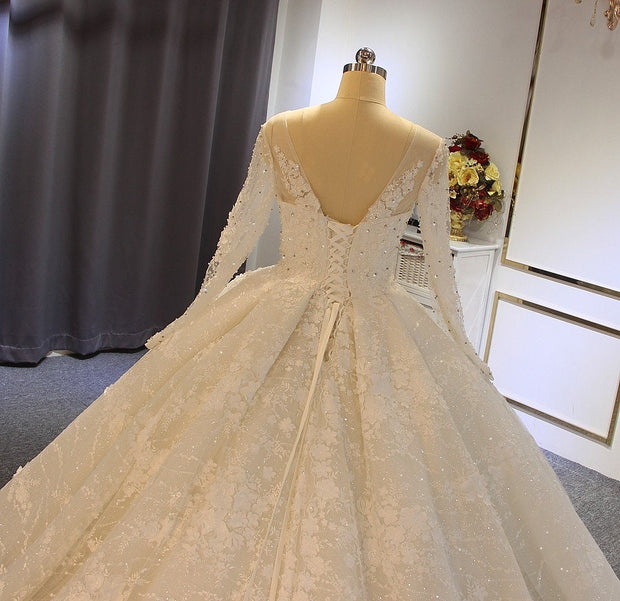 Elegant Lace Ballgown Wedding Dress with Cathedral Train Long Sleeve