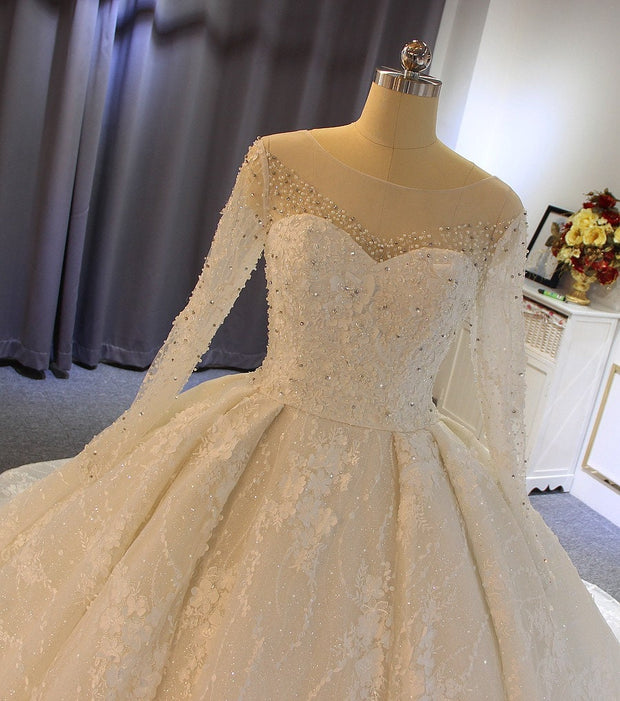 Elegant Lace Ballgown Wedding Dress with Cathedral Train Long Sleeve