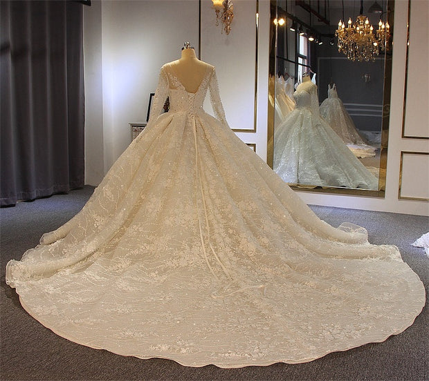 Elegant Lace Ballgown Wedding Dress with Cathedral Train Long Sleeve