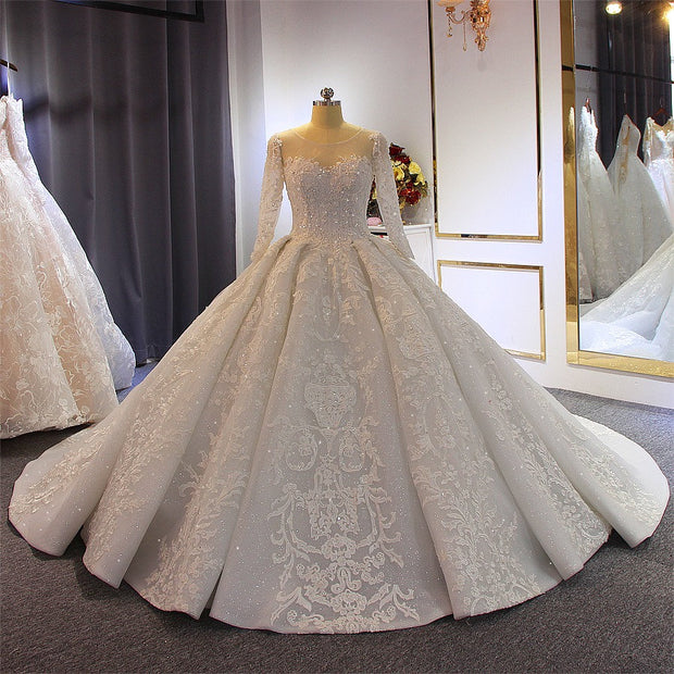 Long Sleeve Affordable Wedding Dress Lace and Glitter Wedding Ballgown