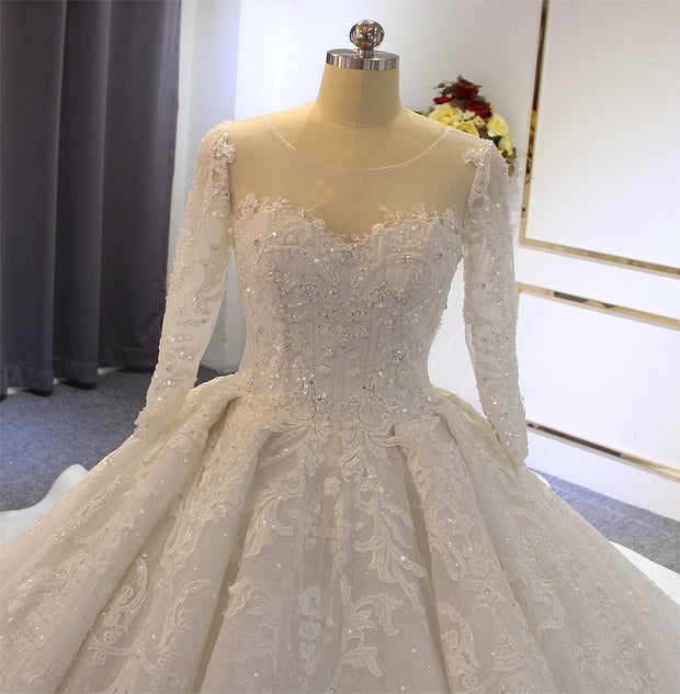 Long Sleeve Affordable Wedding Dress Lace and Glitter Wedding Ballgown