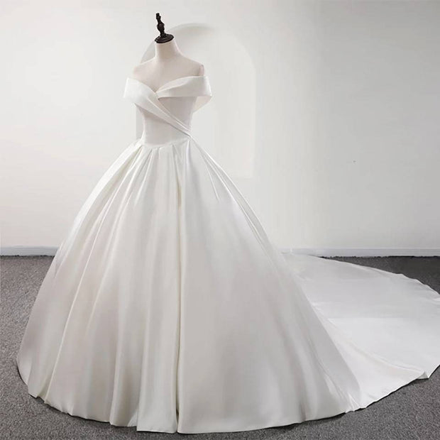 Simple Classic Off Shoulder Satin Ballgown Wedding Dress