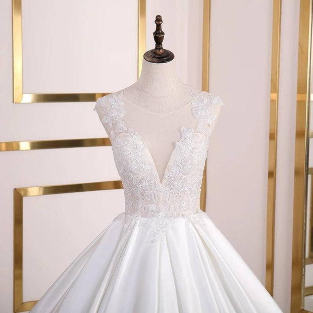 Lace Satin Wedding Ballgown Long Train Wedding Gown