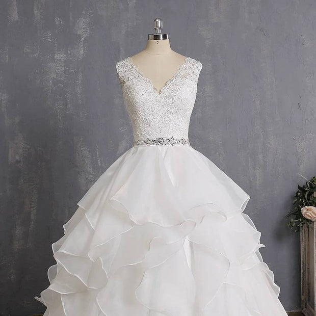 Layered Tulle Skirt Wedding Ballgown Dress Lace Top with Beaded Belt