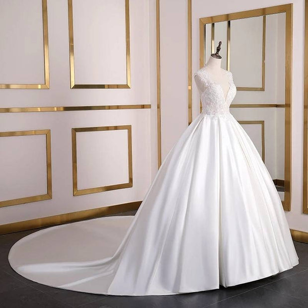 Lace Satin Wedding Ballgown Long Train Wedding Gown