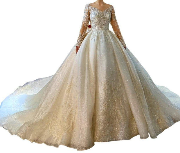 Affordable Classic Long Sleeve Tulle Ballgown Bridal Dress with Intricate Lace Appliqués