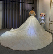 Affordable Classic Long Sleeve Tulle Ballgown Bridal Dress with Intricate Lace Appliqués