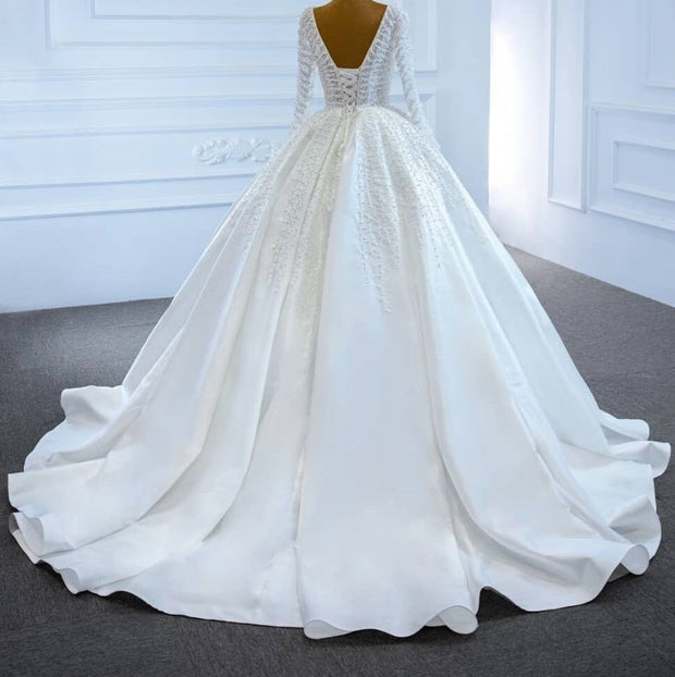 Long Sleeve Satin Wedding Gown Plunge Neckline Satin Gown