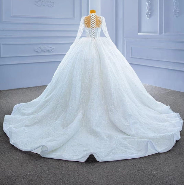 Long Sleeve Wedding Gown Lace Wedding Gown with Satin and Beading