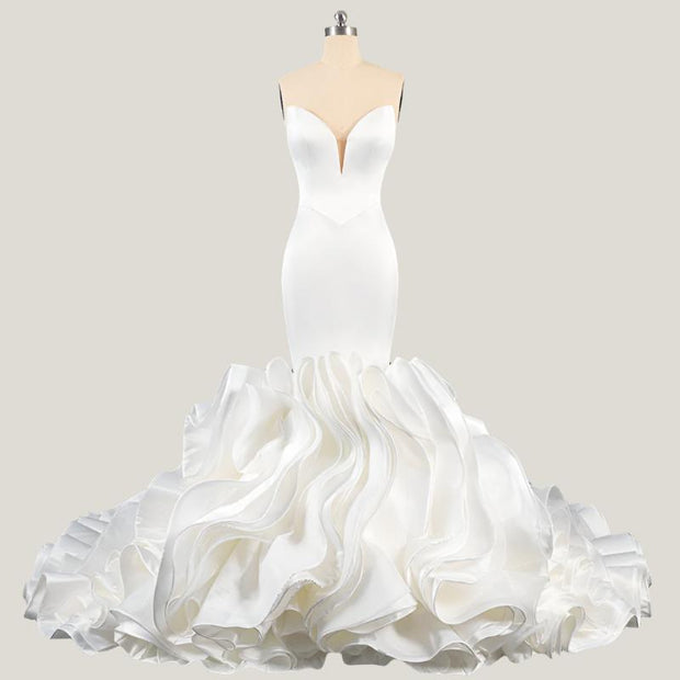 Simple Clean Satin Mermaid Wedding Gown with Ruffled Skirt