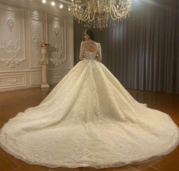 Princess-Style Ballgown Wedding Dress with Long Sleeves Lace and Beading Exquisite Bridal Gown