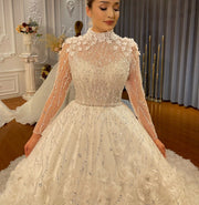 3D Flower wedding gown detachable bolero long sleeve wedding gown