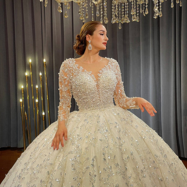 Modest Long-Sleeve Ball Gown Wedding Dress - Vintage Lace Bridal